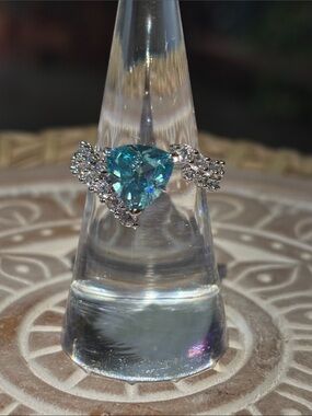 Trillion-Cut Teal Crystal Ring with Pavé Shoulders